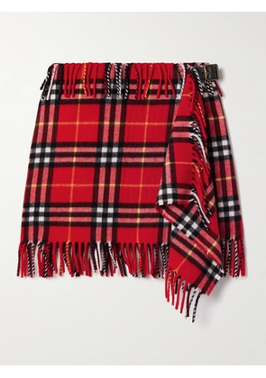 Burberry - Fringed Checked Wool And Cashmere-blend Flannel Mini Wrap Skirt - Red - small,medium,large