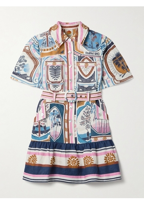 Farm Rio - Cerrado Stamps Belted Printed Linen Mini Dress - Blue - xx small,x small,small,medium,large,x large