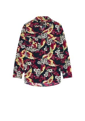 Beams Plus Work Classic Fit Corduroy Discharge Print in Navy. Size S. Also in XL/1X.