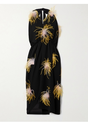 16ARLINGTON - Vide Asymmetric Feather-trimmed Gathered Crepe Halterneck Dress - Black - UK 4,UK 6,UK 8,UK 10,UK 12,UK 14