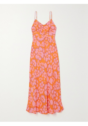 Faithfull - Shayna Ruched Floral-print Crepe De Chine Midi Dress - Pink - x small,small,medium,large,x large,xx large