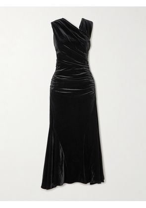 GANNI - Asymmetric Ruched Recycled-velvet Midi Dress - Black - EU 36,EU 38,EU 40,EU 42