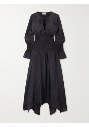 GANNI - Tie-detailed Smocked Habotai Midi Dress - Gray - EU 32,EU 34,EU 36,EU 38,EU 40,EU 42,EU 44