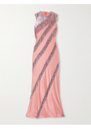 RABANNE - Fringed Chainmail-embellished Satin-jersey Maxi Dress - Pink - FR 34,FR 36,FR 38,FR 40