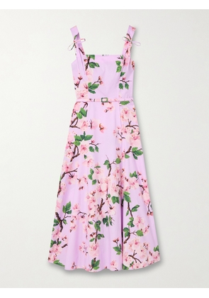 Oscar de la Renta - Belted Bow-detailed Floral-print Stretch-cotton Poplin Midi Dress - Pink - US0,US2,US4,US6,US8,US10,US12