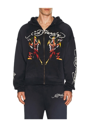 Ed Hardy Tiger Flame Boxy Zip Hoodie in Navy. Size L. Also in M, S, XL/1X.