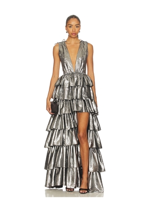 AKNVAS Henriette Ruffle Gown in Metallic Silver. Size 0. Also in 10, 12, 2, 4, 6, 8.