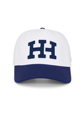 Huega House Letterman Wool Hat in White,Navy.