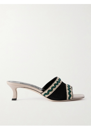 Manolo Blahnik - Marebis 50 Embroidered Raffia-trimmed Suede Mules - Black - IT36,IT36.5,IT37,IT37.5,IT38,IT38.5,IT39,IT39.5,IT40,IT40.5,IT41,IT41.5,IT42,IT43