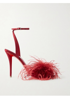 Christian Louboutin - Miss Z Poupi 100 Feather-embellished Satin Sandals - Red - IT35,IT36,IT36.5,IT37,IT37.5,IT38,IT38.5,IT39,IT39.5,IT40,IT40.5,IT41,IT41.5,IT42