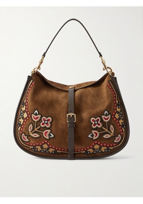 Etro - Embroidered Leather-trimmed Suede Shoulder Bag - Brown - One size