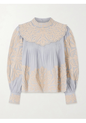 Sea - Alexandra Pleated Embroidered Cotton-voile Blouse - Blue - x small,small,medium,large,x large