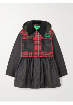 Barbour - + Ganni Hooded Corduroy-trimmed Checked Waxed-cotton Peplum Jacket - Multi - UK 8,UK 10,UK 12,UK 14,UK 16,UK 18