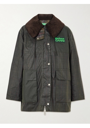 Barbour - + Ganni Hooded Corduroy-trimmed Checked Waxed-cotton Jacket - Green - UK 8,UK 10,UK 12,UK 14,UK 16,UK 18