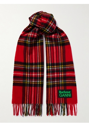 Barbour - + Ganni Fringed Appliquéd Checked Wool Scarf - Red - One size