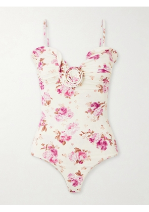 Magda Butrym - Embellished Gathered Floral-print Swimsuit - Cream - FR 34,FR 36,FR 38,FR 40,FR 42