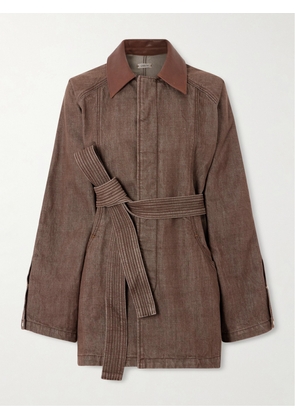 OSSOU - Sweep Belted Leather-trimmed Denim Jacket - Brown - x small,small,medium,large