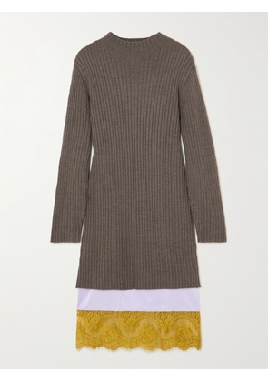 STAUD - Willow Layered Lace-trimmed Wool-blend And Satin Midi Dress - Brown - x small,small,medium,large,x large