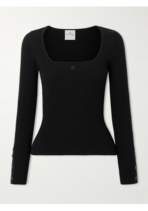 COURREGES - Embroidered Ribbed-knit Top - Black - x small,small,medium,large,x large,xx large