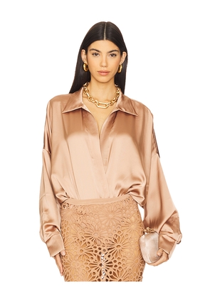 Norma Kamali Super Oversized Boyfriend Neck Shirt Bodysuit in Brown. Size M. Also in S.