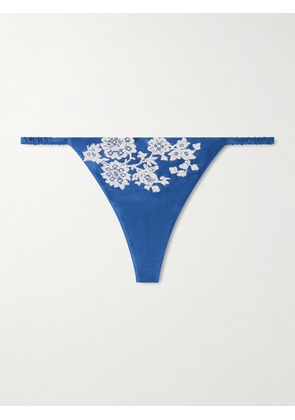 Carine Gilson - Lace-trimmed Silk-satin Thong - Blue - x small,small,medium,large