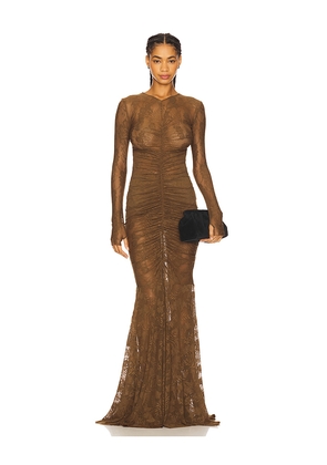 Norma Kamali Long Sleeve V Neck Shirred Front Fishtail Gown in Olive. Size M. Also in S, XS.
