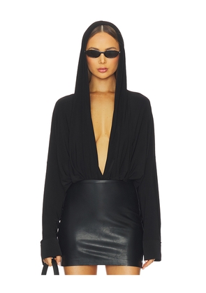 Norma Kamali Hooded Super Oversized Boyfriend Shirt Bodysuit in Black. Size L. Also in M, S, XS.