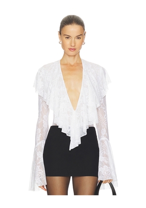 Norma Kamali Long Sleeve Deep V Ruffle Bodysuit in White. Size L. Also in M, S, XS.