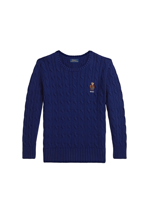 Polo Ralph Lauren Long Sleeve Cable Knit Bear Graphic Crewneck Sweater in Royal. Size 2. Also in 5.