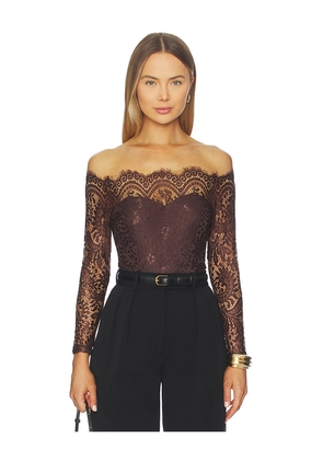 superdown Rivka Off Shoulder Bodysuit in Brown. Size M. Also in L, S, XS, XXS.