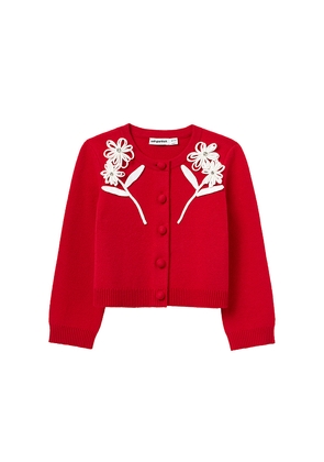 self-portrait Kids Cotton Flower Trim Cardigan in Red. Size 4/5T. Also in 5/6T, 6/7, 7/8.