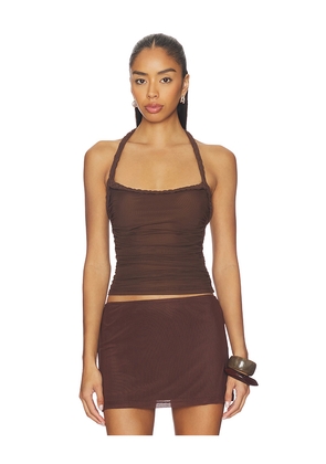 SNDYS Gianna Ruched Halterneck Top in Chocolate. Size L. Also in M, S, XL, XS, XXL, XXS.
