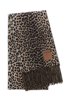 GANNI leopard fringed scarf - Neutrals