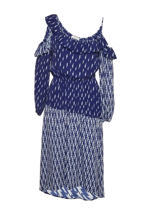 SANDRO lightning-bolt print ruffled midi dress - Blue