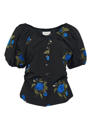 CAROLINE HU embroidered-rose puff-sleeve top - Black