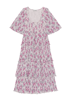 GANNI pleated floral-print midi dress - White