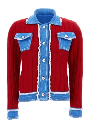 Barrie ribbed-knit denim-trimmed jacket - Red