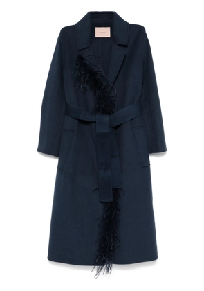 TWINSET feather-trim belted coat - Blue
