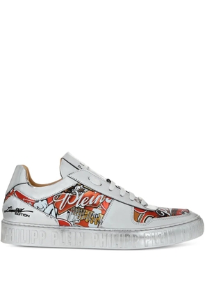 Philipp Plein metallic leather eagle-print sneakers - White