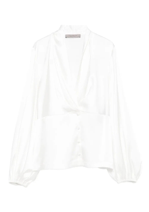 D.Exterior balloon-sleeve button top - White