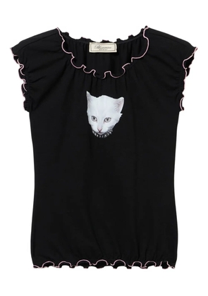 Blumarine cat-print ruffled T-shirt - Black