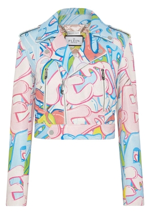 Philipp Plein graffiti-logo cropped leather biker jacket - Blue