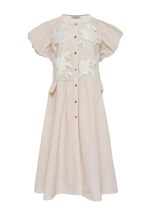 CAROLINE HU floral-embroidered puff-sleeve midi dress - Neutrals
