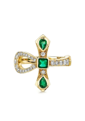 Logan Hollowell 14K yellow gold Eternal Ankh emeralds and diamonds ring