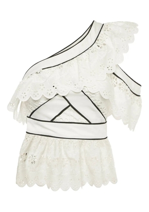 Self-Portrait pre-owned asymmetric ruffled embroidered top - White