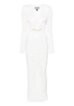 NISSA rose-appliqué ruched maxi dress - White