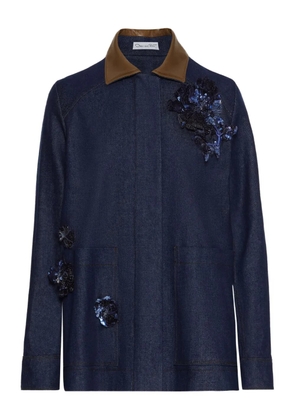 Oscar de la Renta sequin-embellished leather-collar denim jacket - Blue