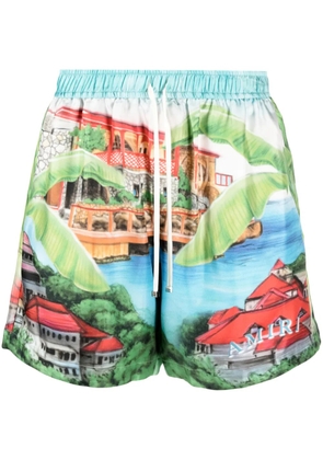 AMIRI Eden graphic-print silk shorts - Blue