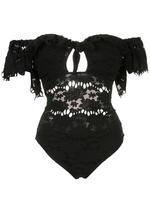 Amir Slama off-shoulder floral lace one piece - Black
