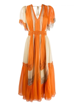 Alberta Ferretti colour block embroidered detail silk dress - Orange